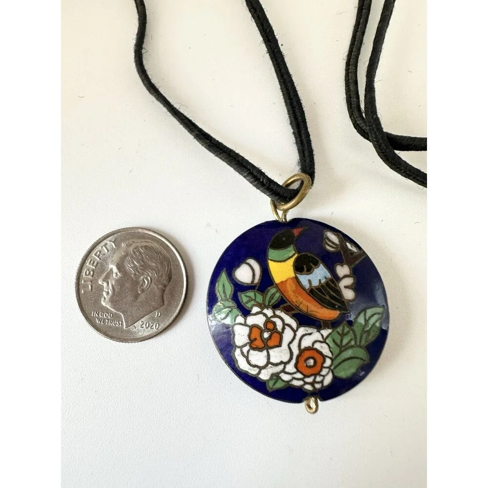 Vintage Double Sided Cloisonné Bird Flower Pendant Necklace 28”
